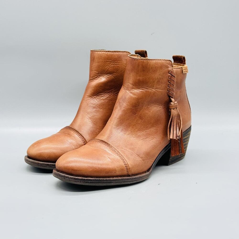 Pikolinos Boots Womens 6.5 Brown Leather Ankle Tassel Zip Block Heel Booties - Picture 3 of 10